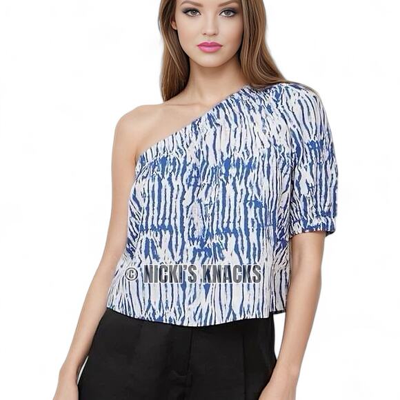 Rails Jayla One Shoulder Puff Sleeve Cobalt Shibori Blue White Top Size M - Picture 2 of 10